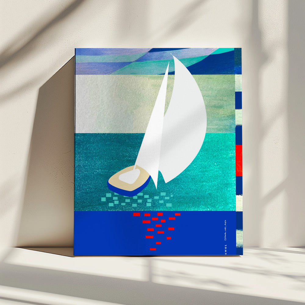 Witte zeilboot met reflecties, abstracte zeekunst met grafische strepen | Canvas