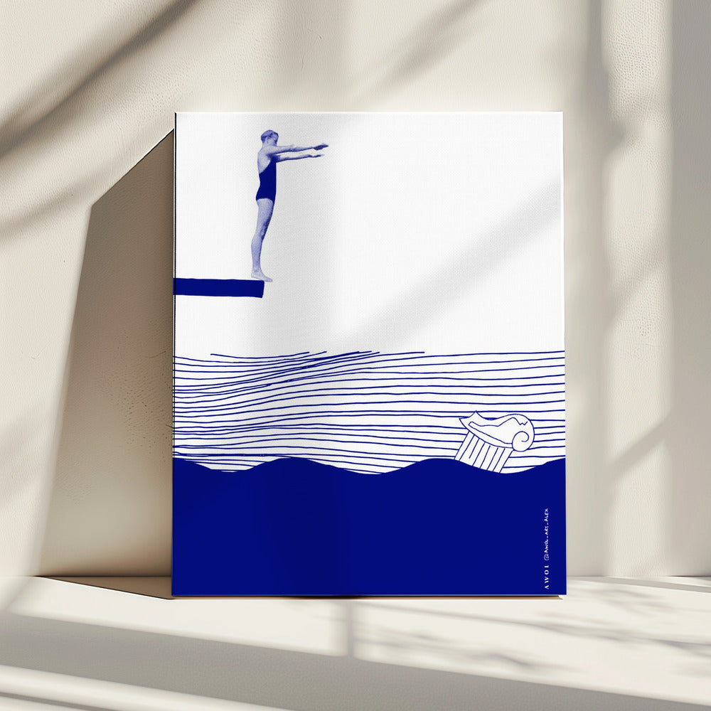 Moderne vintage strandmuurkunst, nautische kunstprint, vrouw zwemmend in abstracte zee | Canvas