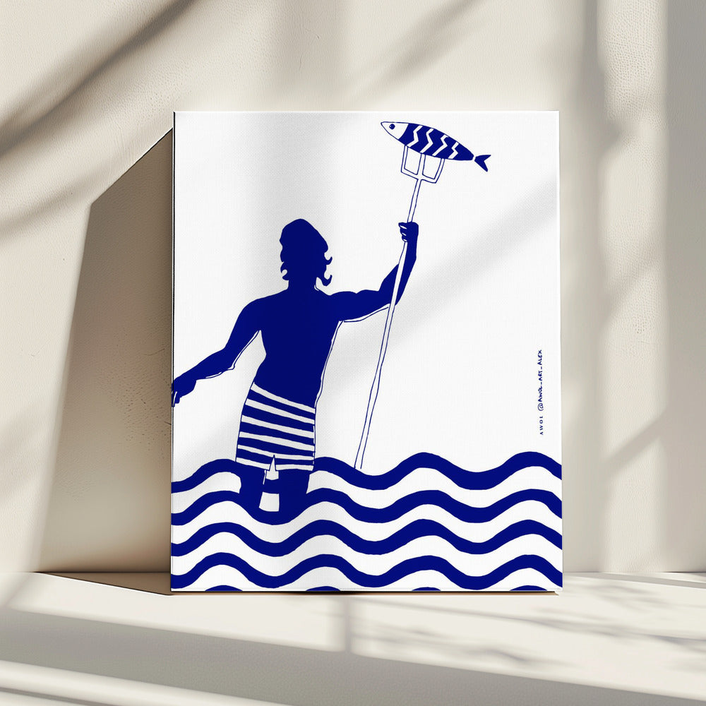 Modern Greek God Poseidon, Nautical Beach Art Print With Man Fishing In The Sea | Canvas