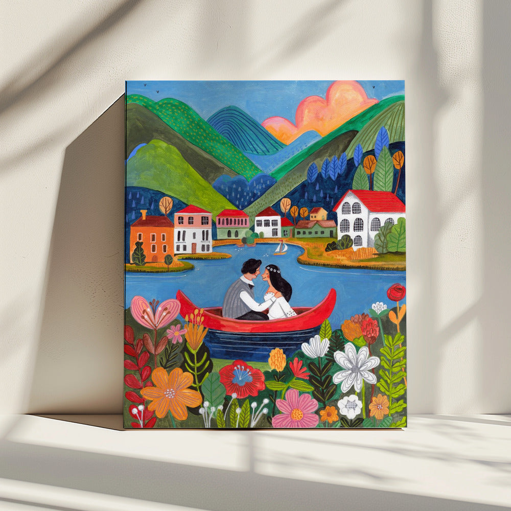 Pasgetrouwd stel in een boot | Canvas