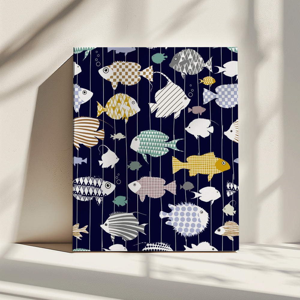 Verse vis op donkerblauw patroon | Canvas