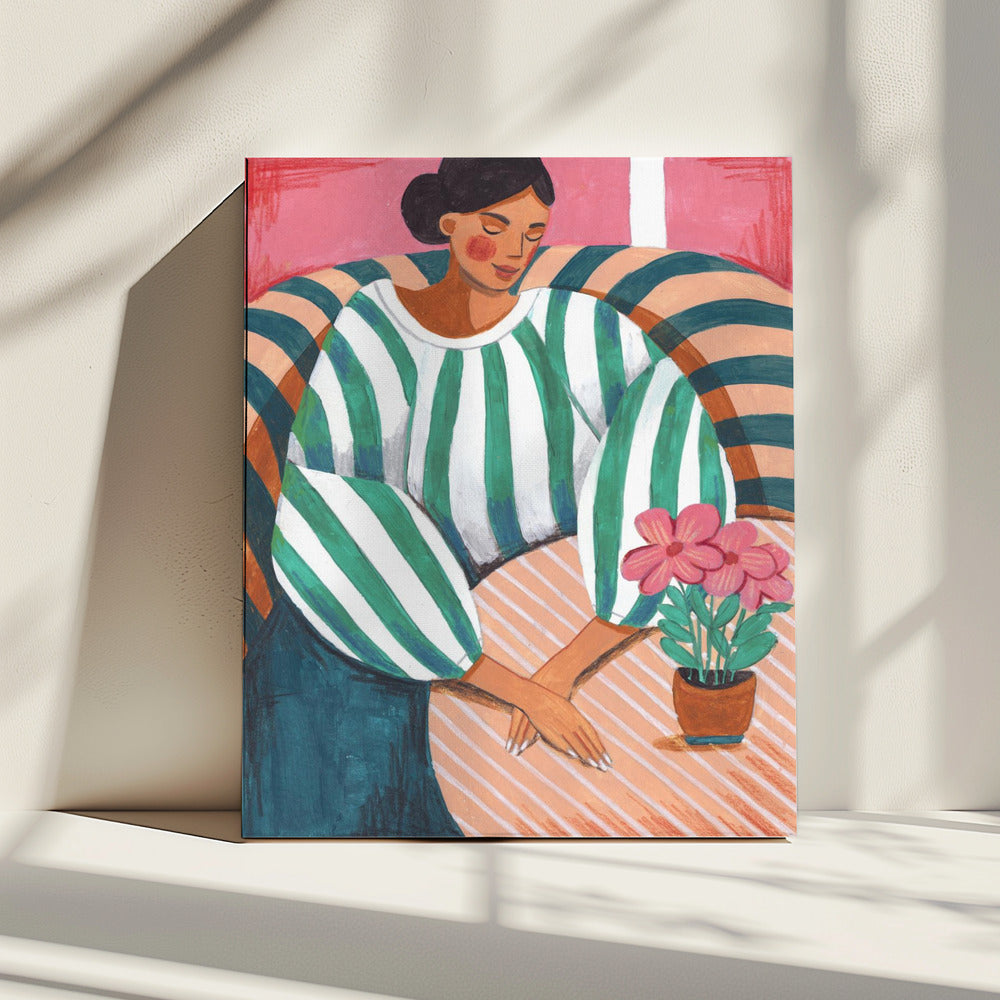 Vrouw in strepen in gedachten | Canvas