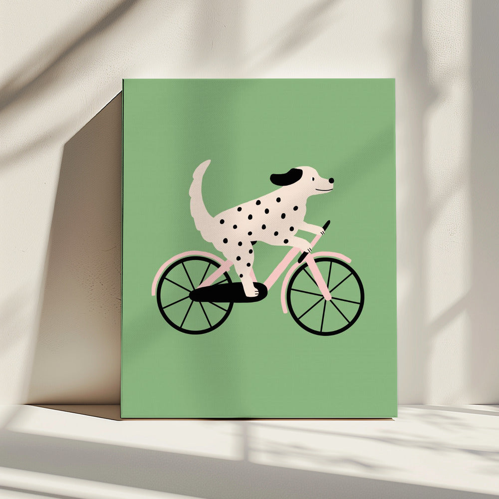 Gevlekte hond op de fiets | Canvas