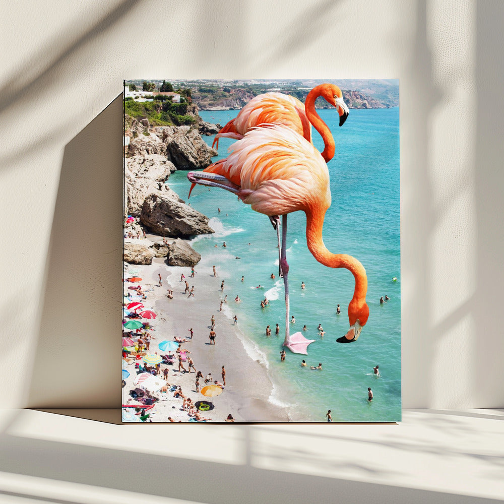 Flamingo's op het strand | Canvas