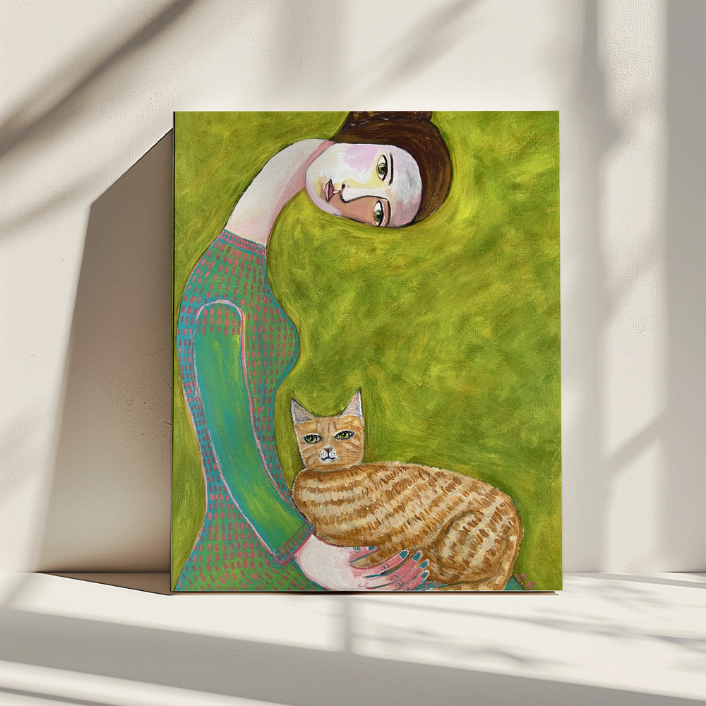Bent Neck Lady met haar geliefde gemberkat. | Canvas