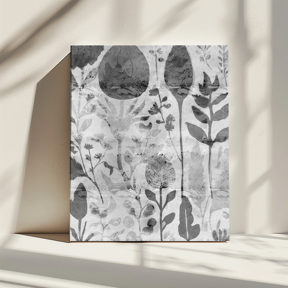 Bloemensilhouetten in grijstinten | Canvas