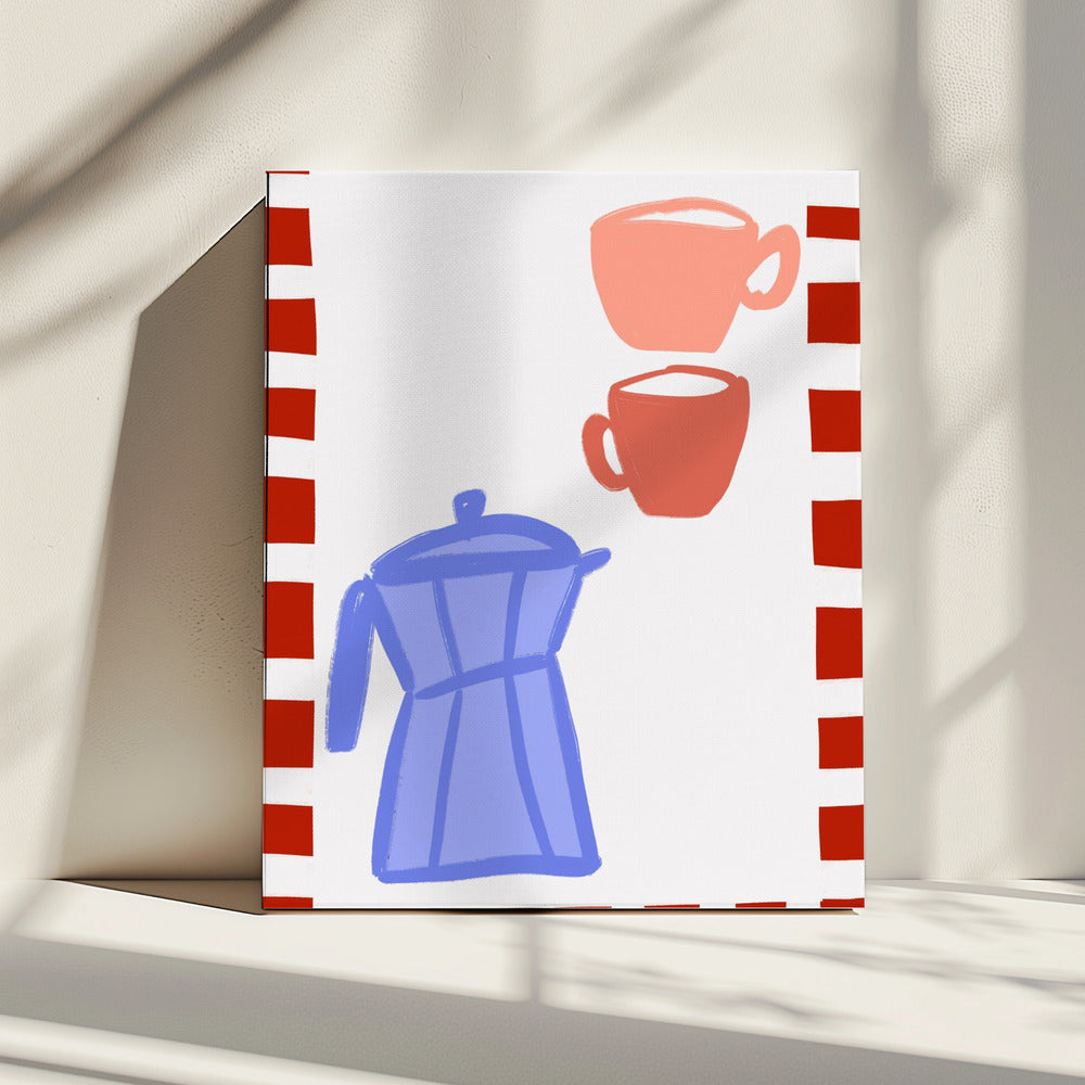 Minimalistische blauwe koffiepot en twee roze kopjes | Canvas