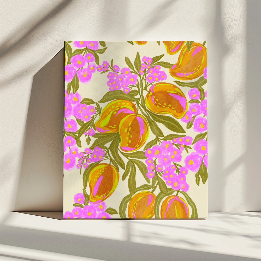 Tropisch thema met weelderige mango's en bloemen | Canvas