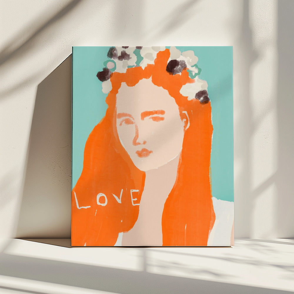 Vrouw met oranje haar versierd met bloemen | Canvas