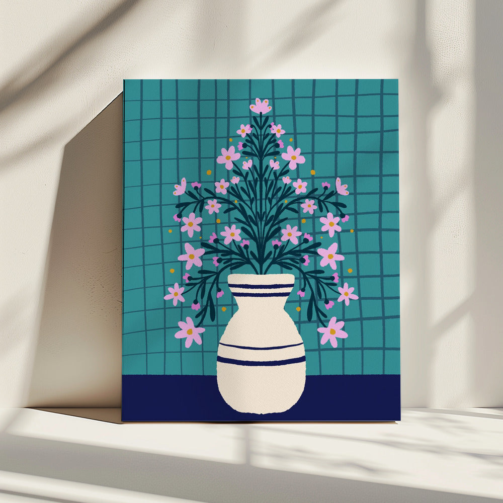 Turquoise bloemen in een vaas | Canvas