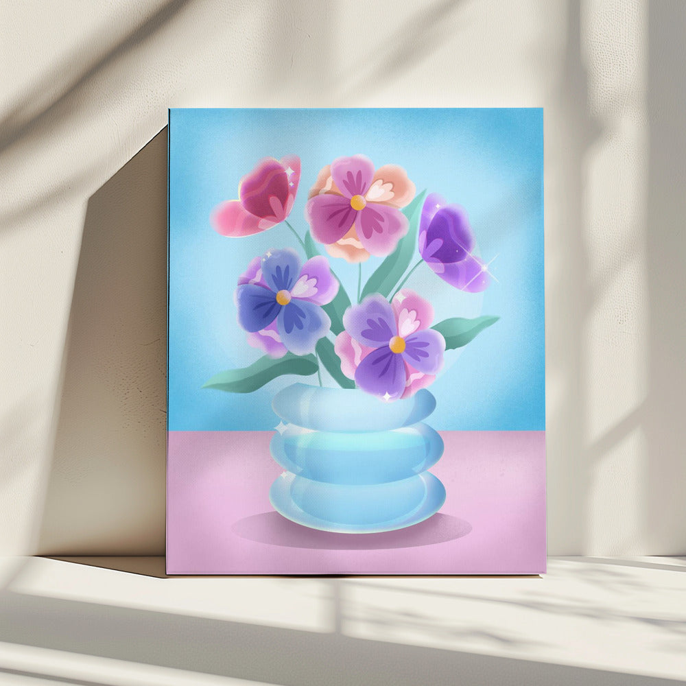 Bloemblaadjes in blauwe vaas | Canvas