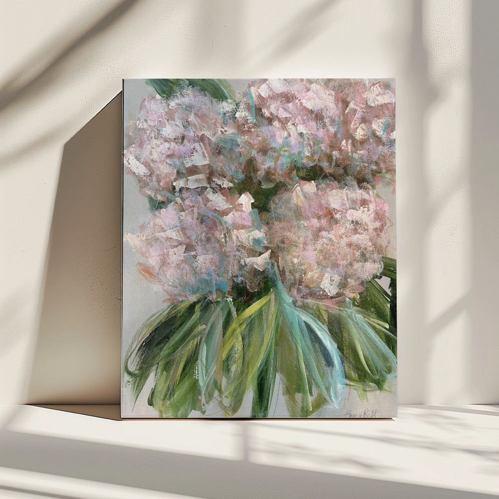 Roze hortensia's met groene bladeren | Canvas