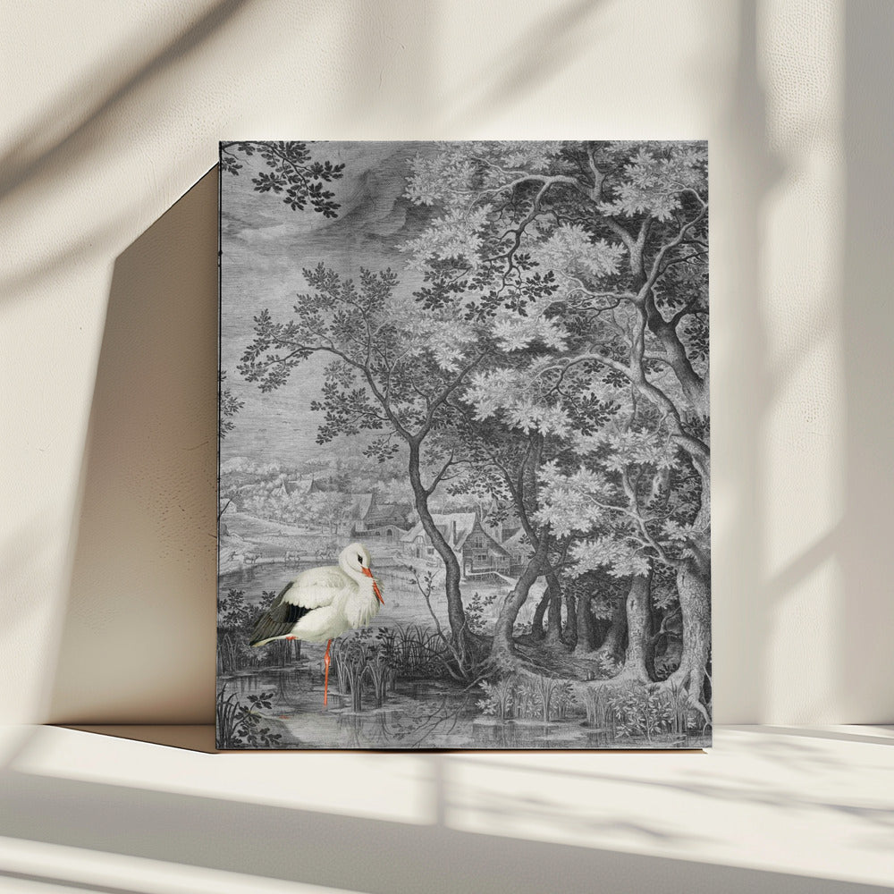 Vintage landschap met ooievaar | Canvas