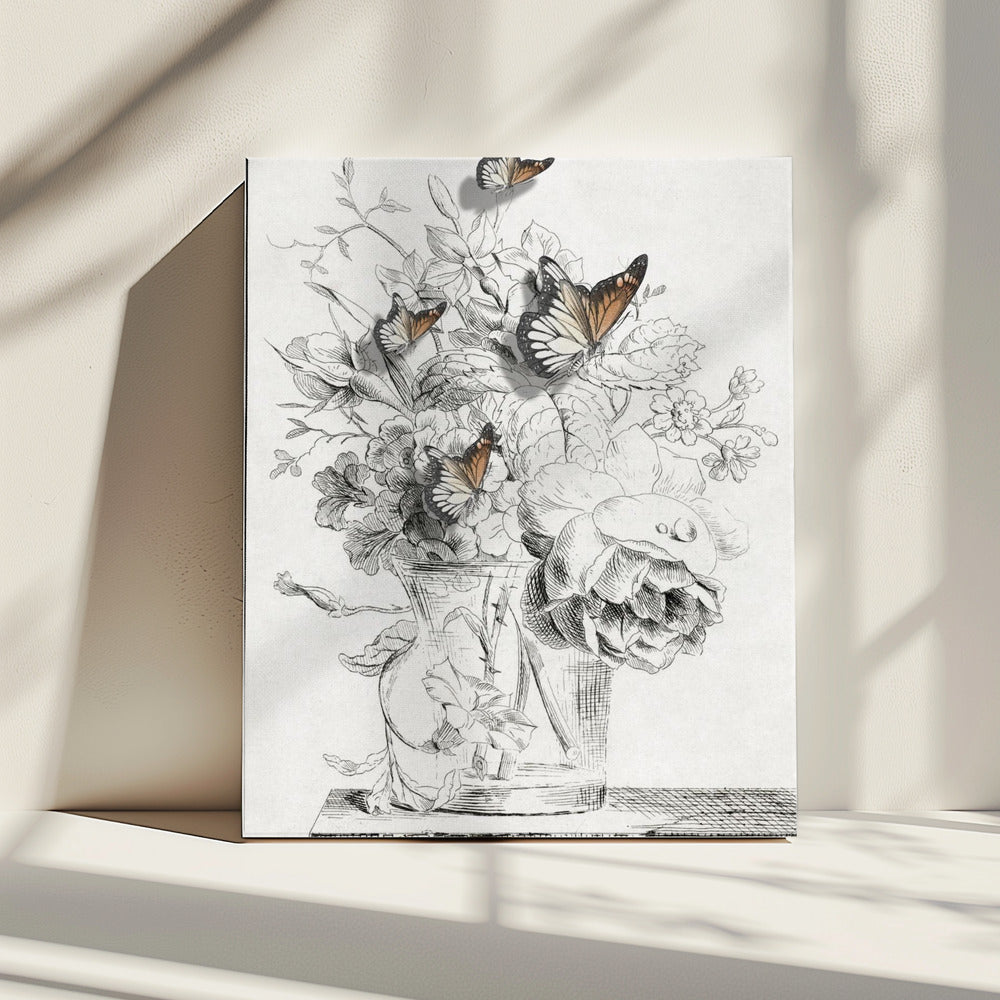 De vlinders en de vaas met bloemen | Canvas