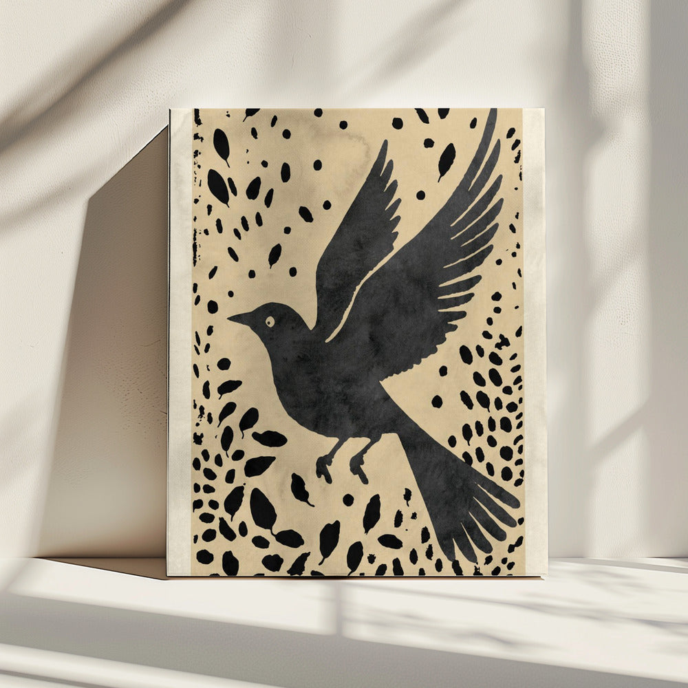 Vogel in vlucht omringd door verspreide bladeren | Canvas