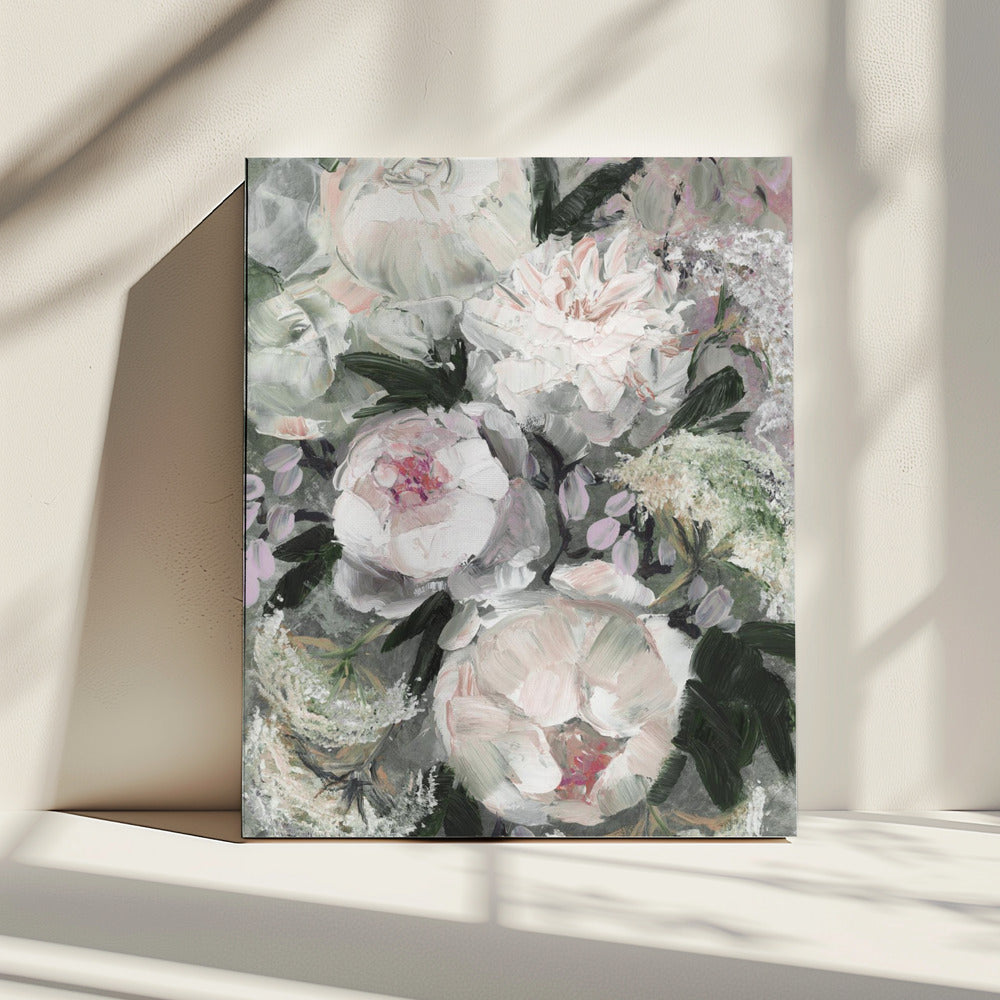 Bloemencompositie met witte en roze bloemen | Canvas