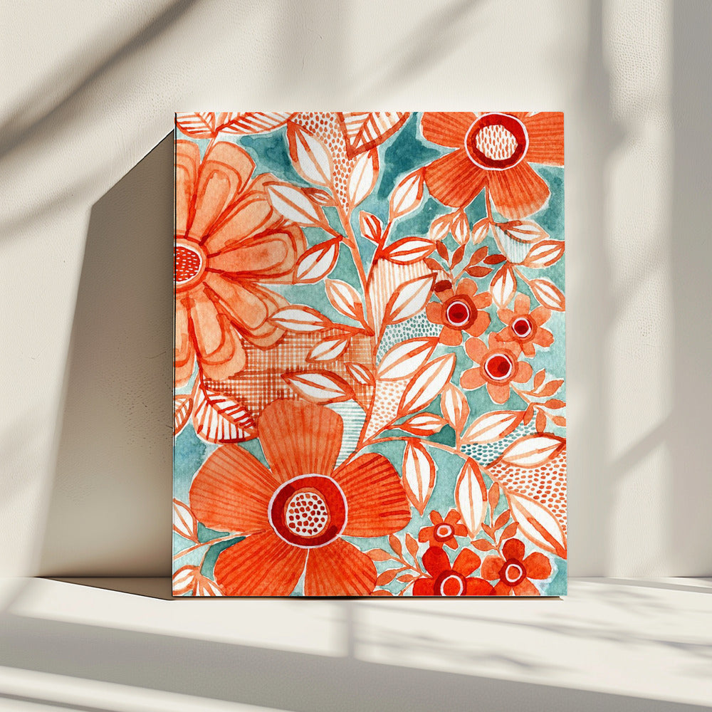Rode madeliefjes met aqua | Canvas