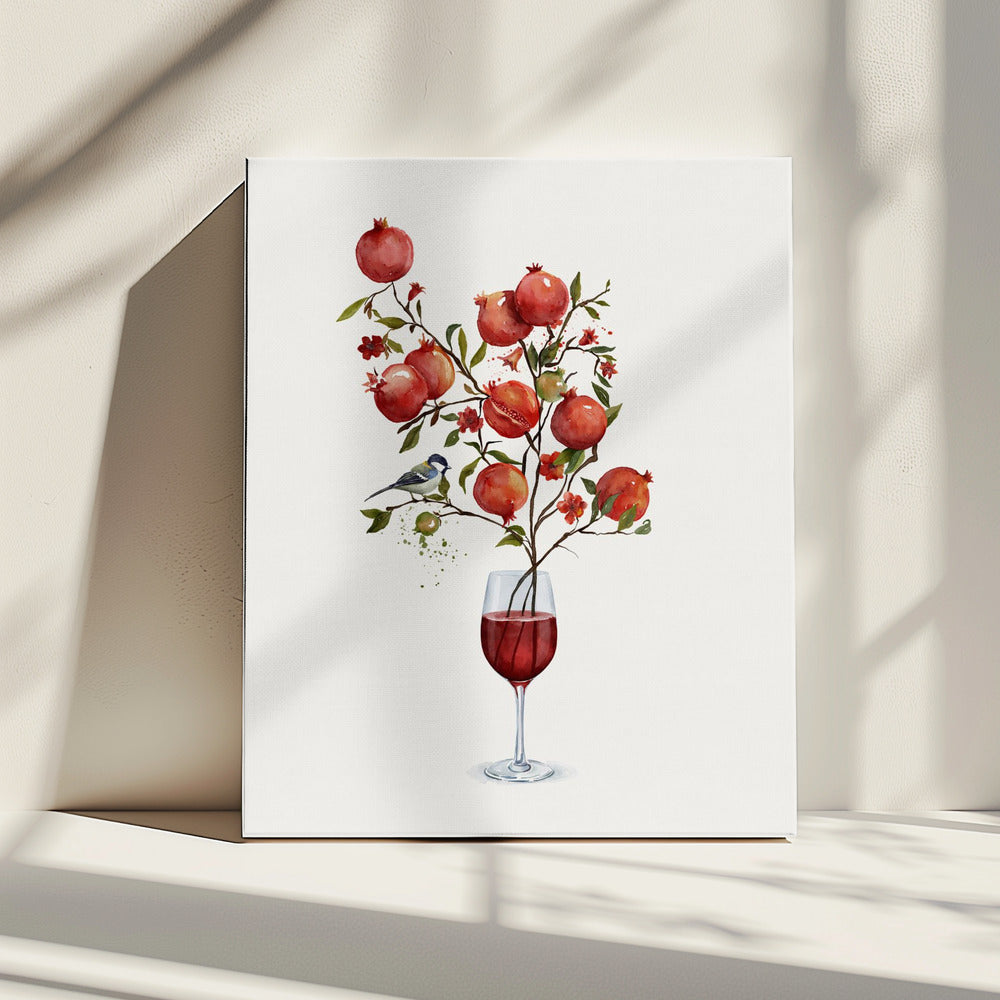 Granaatappel in een glas wijn | Canvas