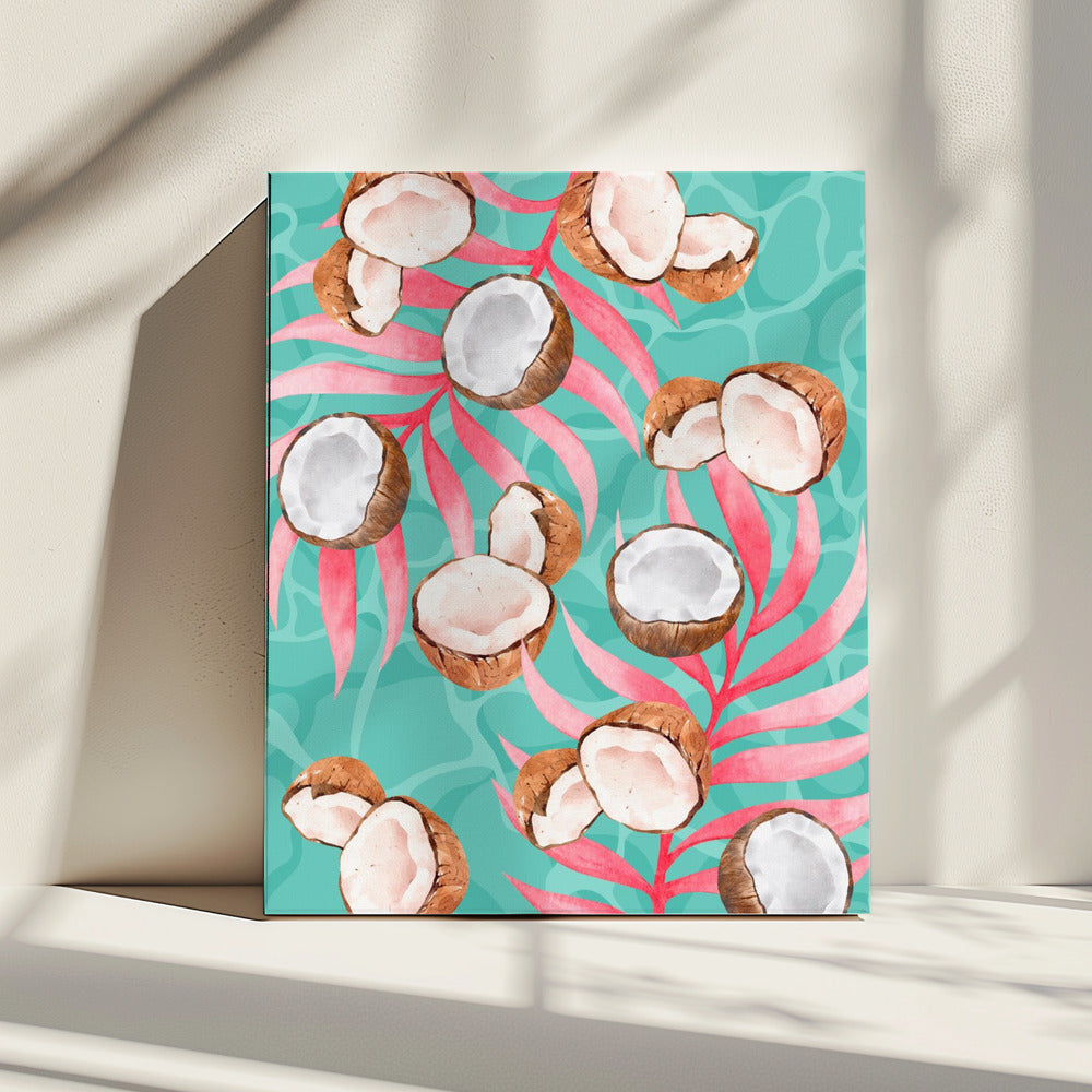 Roze tropische kokosnoot- en palmbladeren esthetisch patroon - moderne aquarel | Canvas