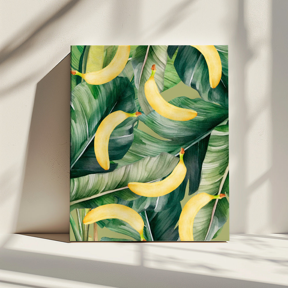 Vers bananen- en weelderig tropisch bladerenesthetisch patroon - natuurlijk aquarelontwerp | Canvas