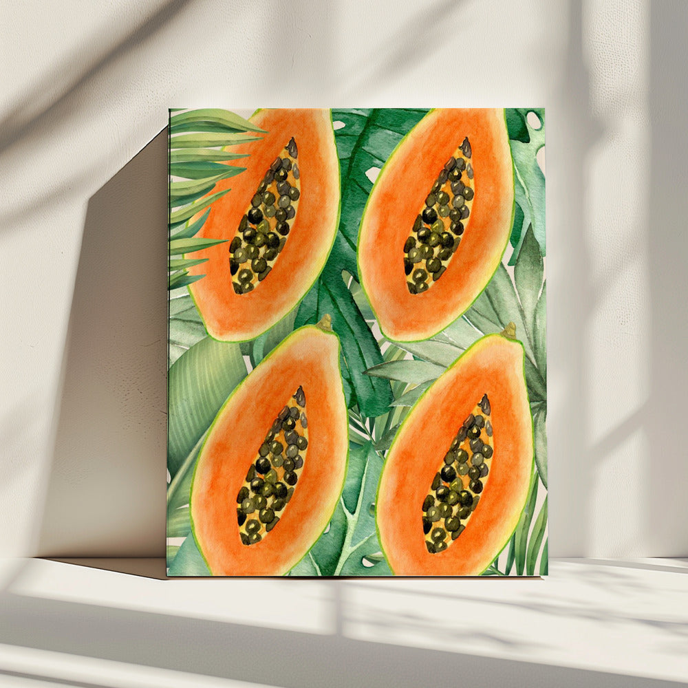 Exotische papaja en weelderige groene bladeren esthetisch patroon - Tropische botanische aquarel | Canvas