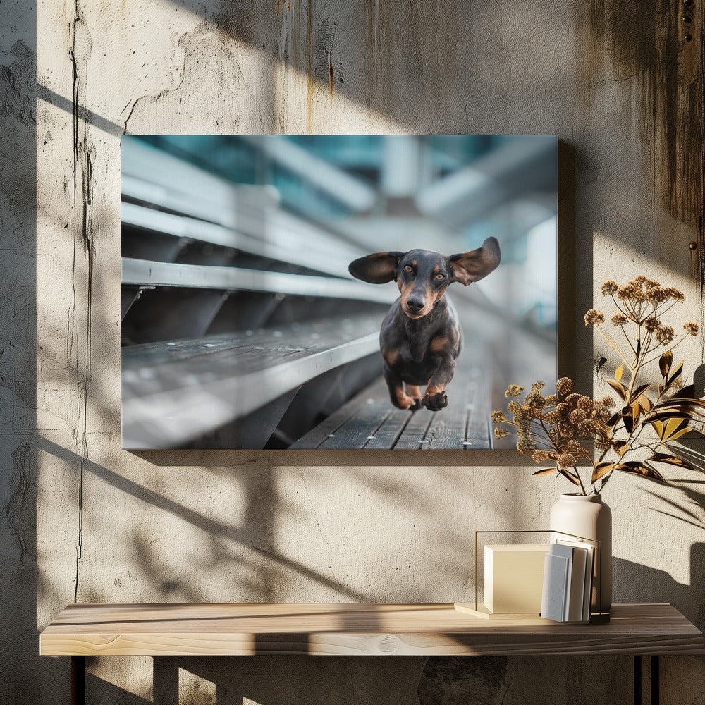 Een kleinere Hund läuft durch die Welt.... | Canvas