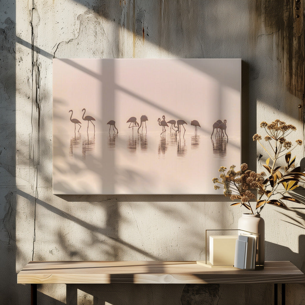 Flamingo's in de mist | Canvas