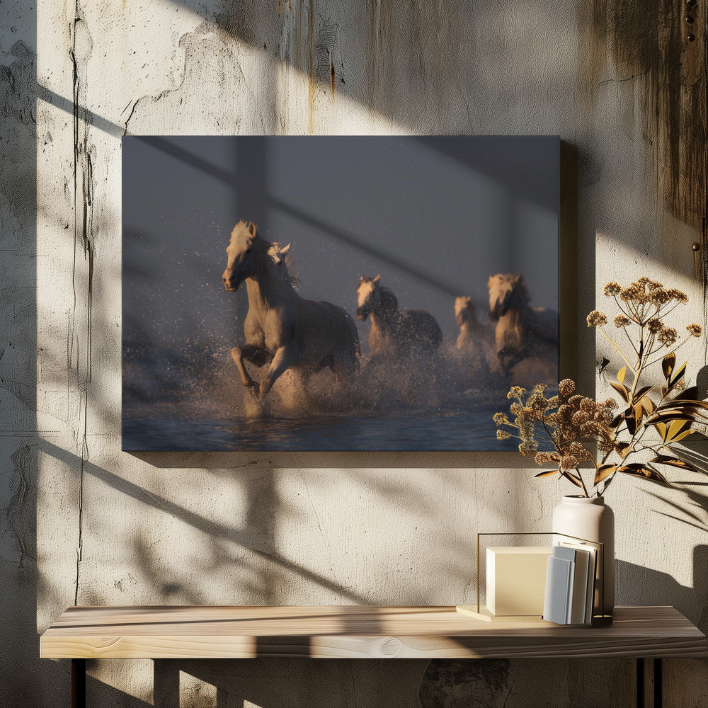 paarden in zonsonderganglicht | Canvas