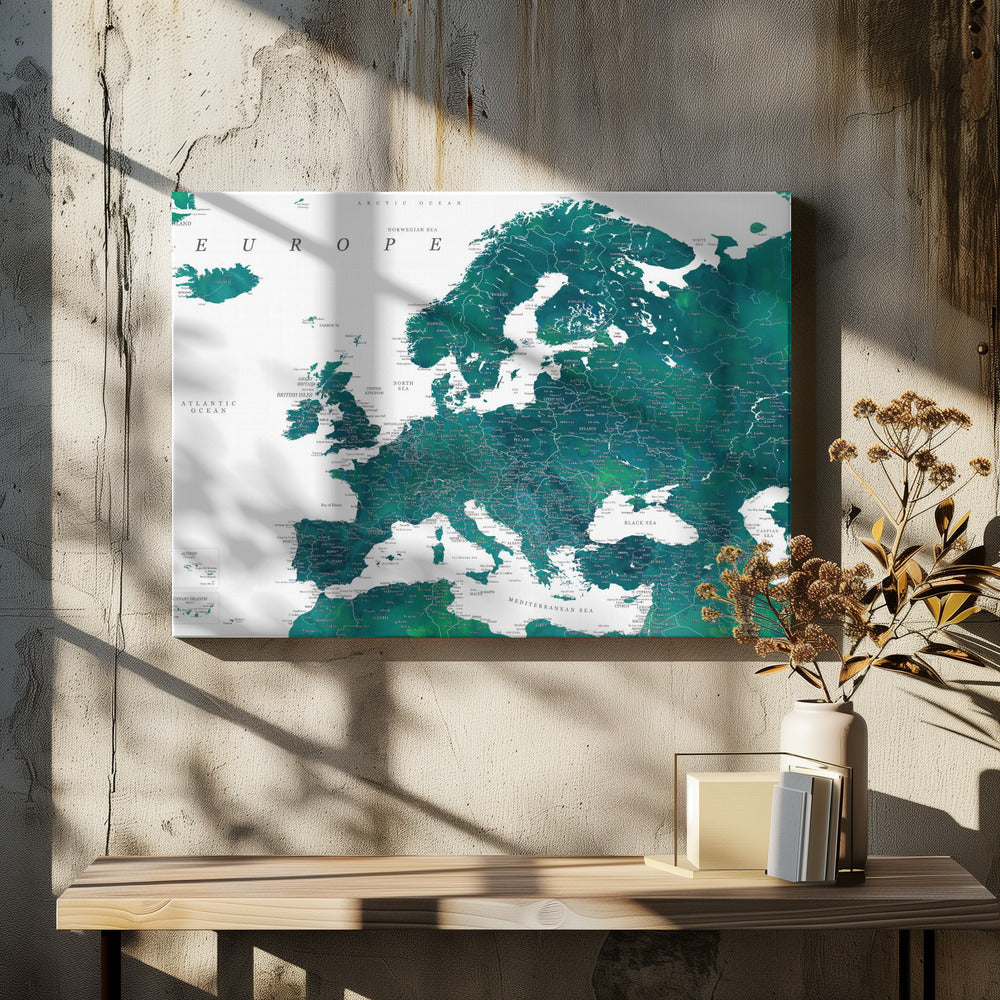 Blauwe gedetailleerde kaart van Europa | Canvas