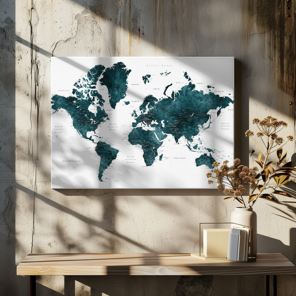 Donkerblauwe wereldkaart met steden, Makani | Canvas