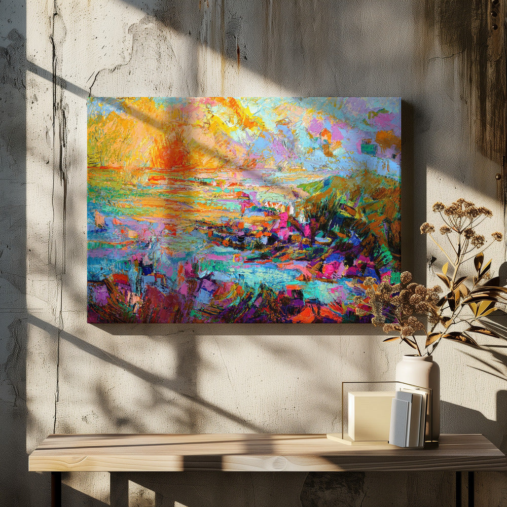 Zonsondergang boven een levendig landschap | Canvas