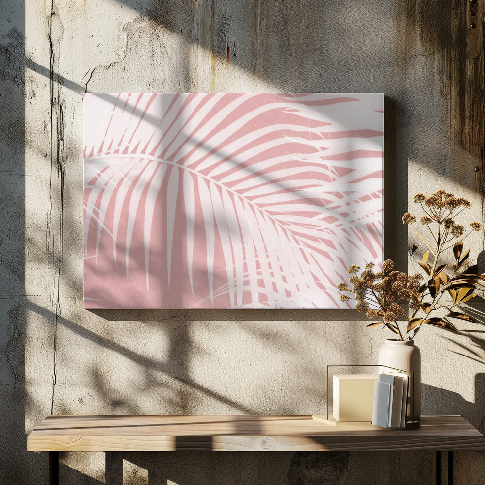 Palmbladeren op roze silhouet IV | Canvas
