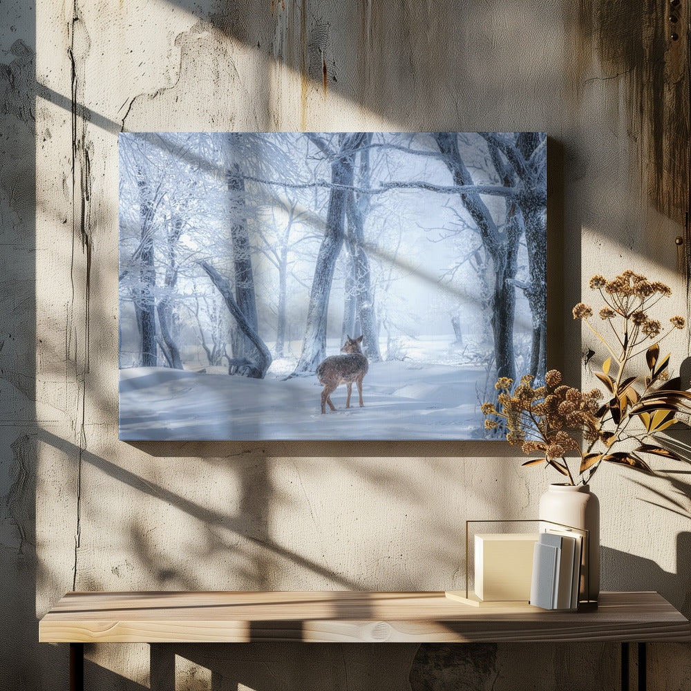 Het sikahert in het besneeuwde bos | Canvas