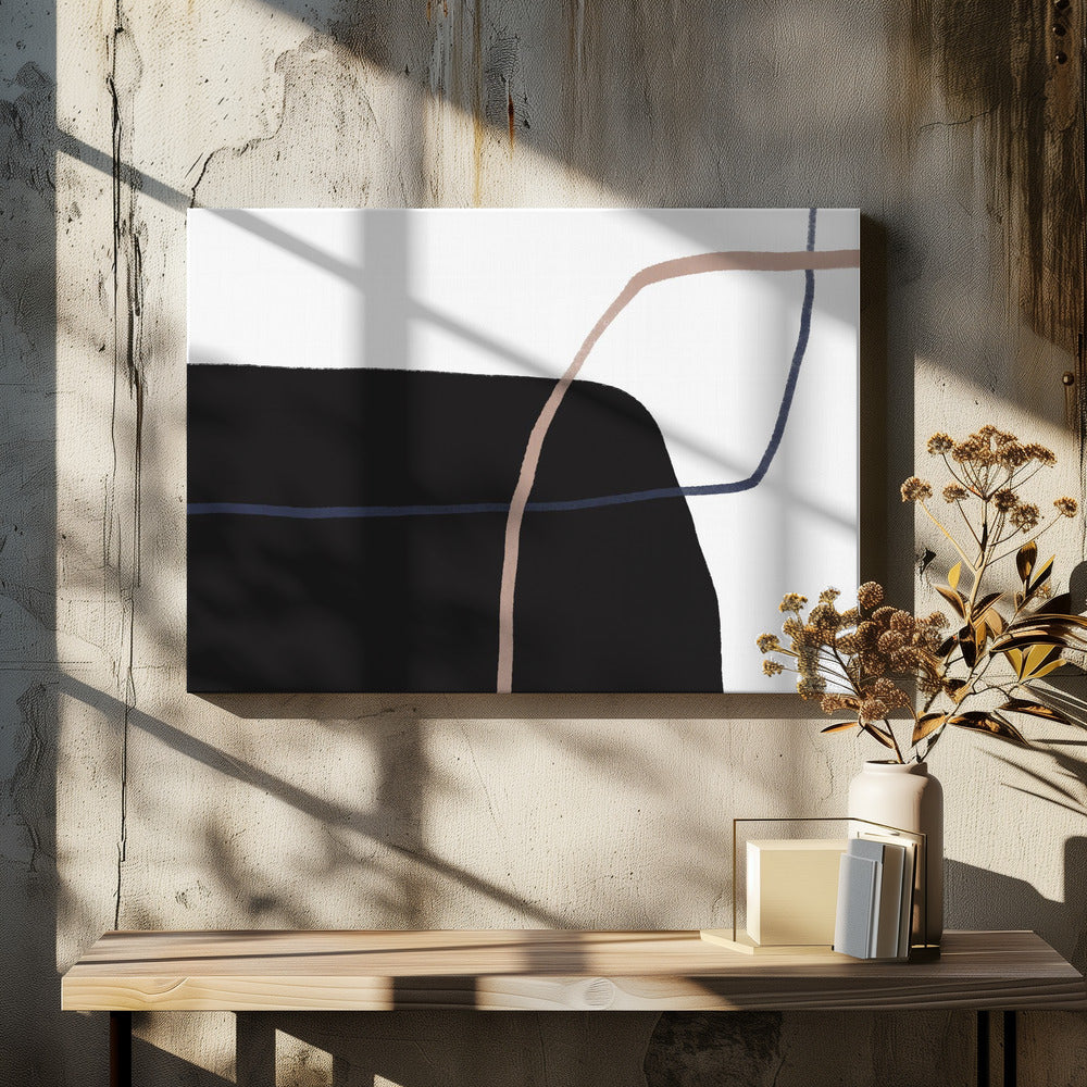 Kruisende lijnen en opvallende zwarte vormen | Canvas