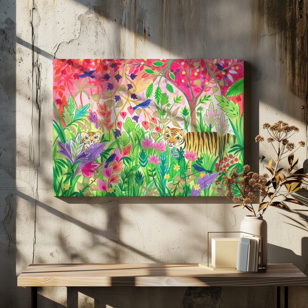 Jungle schilderij met weelderig gebladerte en exotische dieren | Canvas