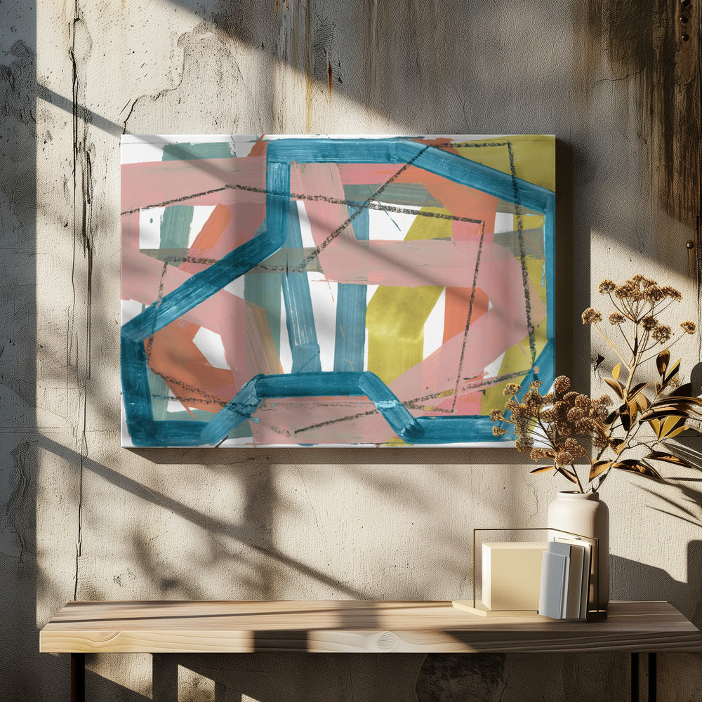 Blauwe en roze abstracte lijnen kunstdruk | Canvas