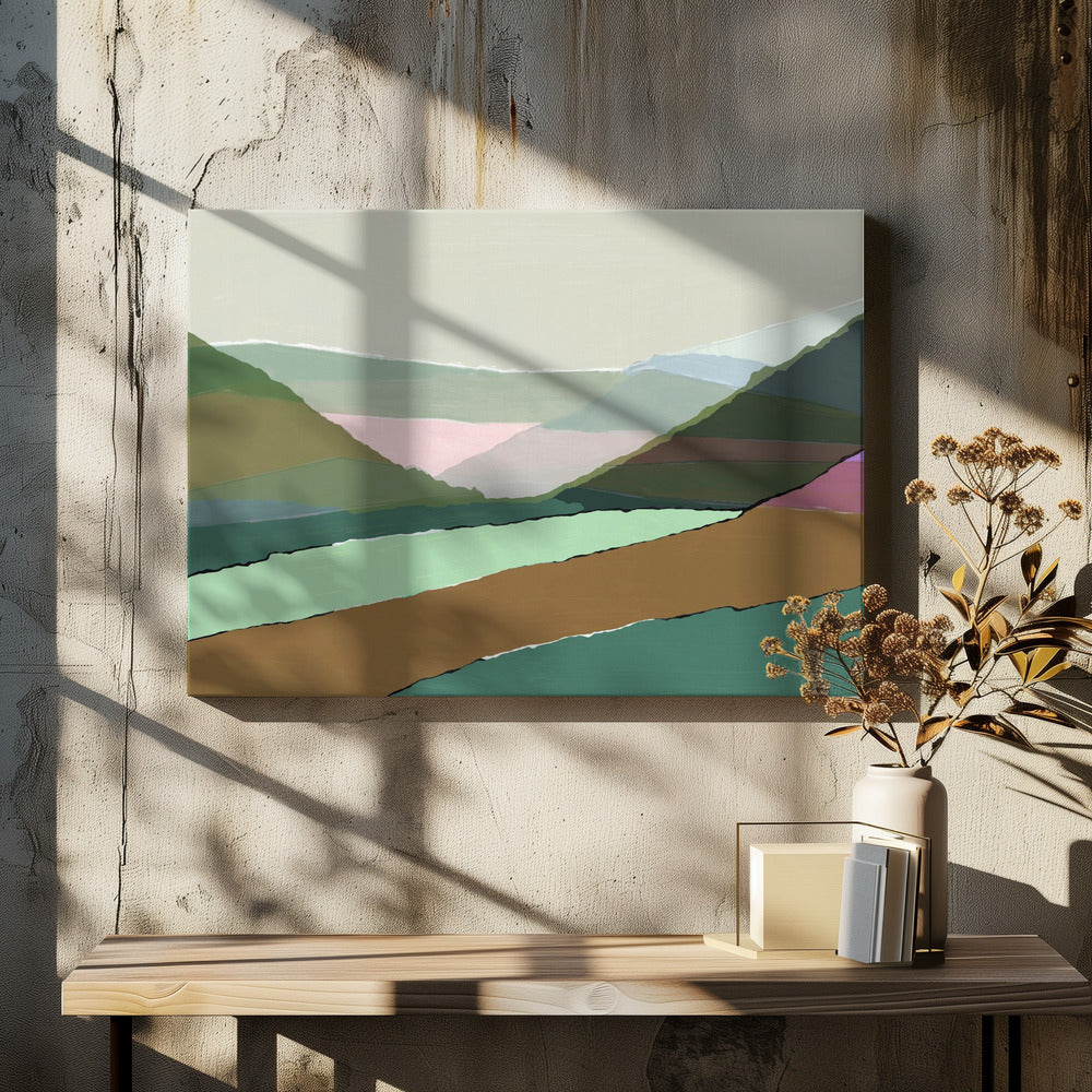 Gelaagde bergen en valleien in gedempte aardse tinten | Canvas