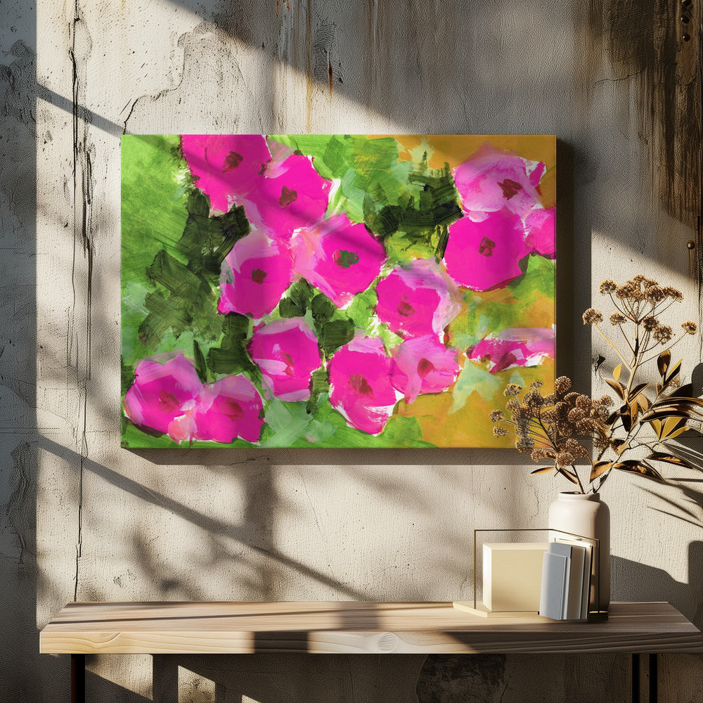 Levendige roze bloemen en weelderige groene bladeren | Canvas