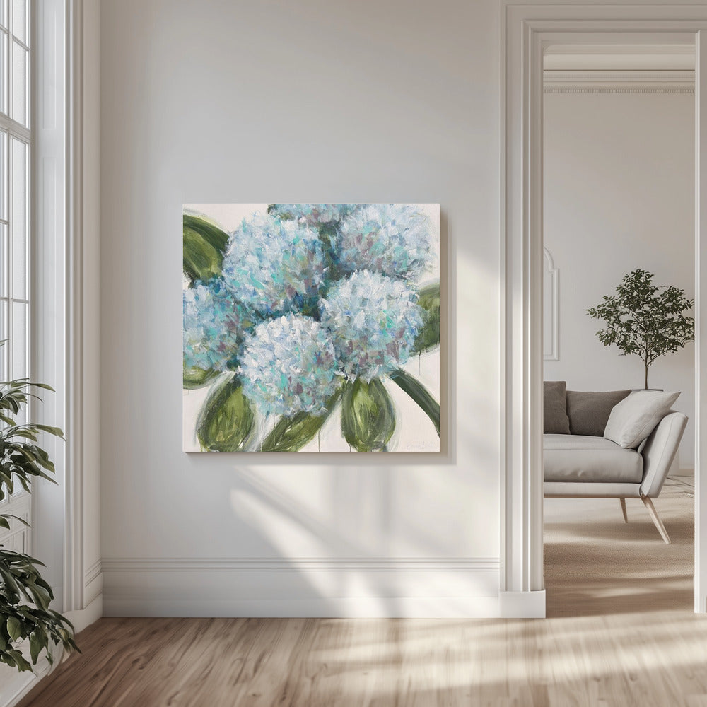 Blauwe hortensia's met groene bladeren | Canvas