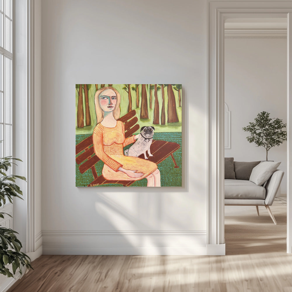 Dame met hond Mopshond | Canvas