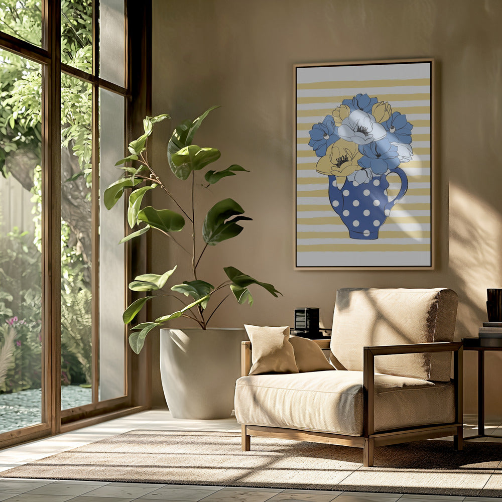 Blauwe en gele bloemen in een stippenvaas | Poster