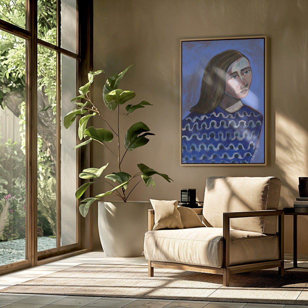 Vrouw in blauwe trui Naïef portret figuratief | Poster