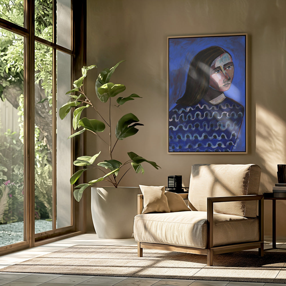 Vrouw in blauwe trui Naïef portret figuratief | Poster