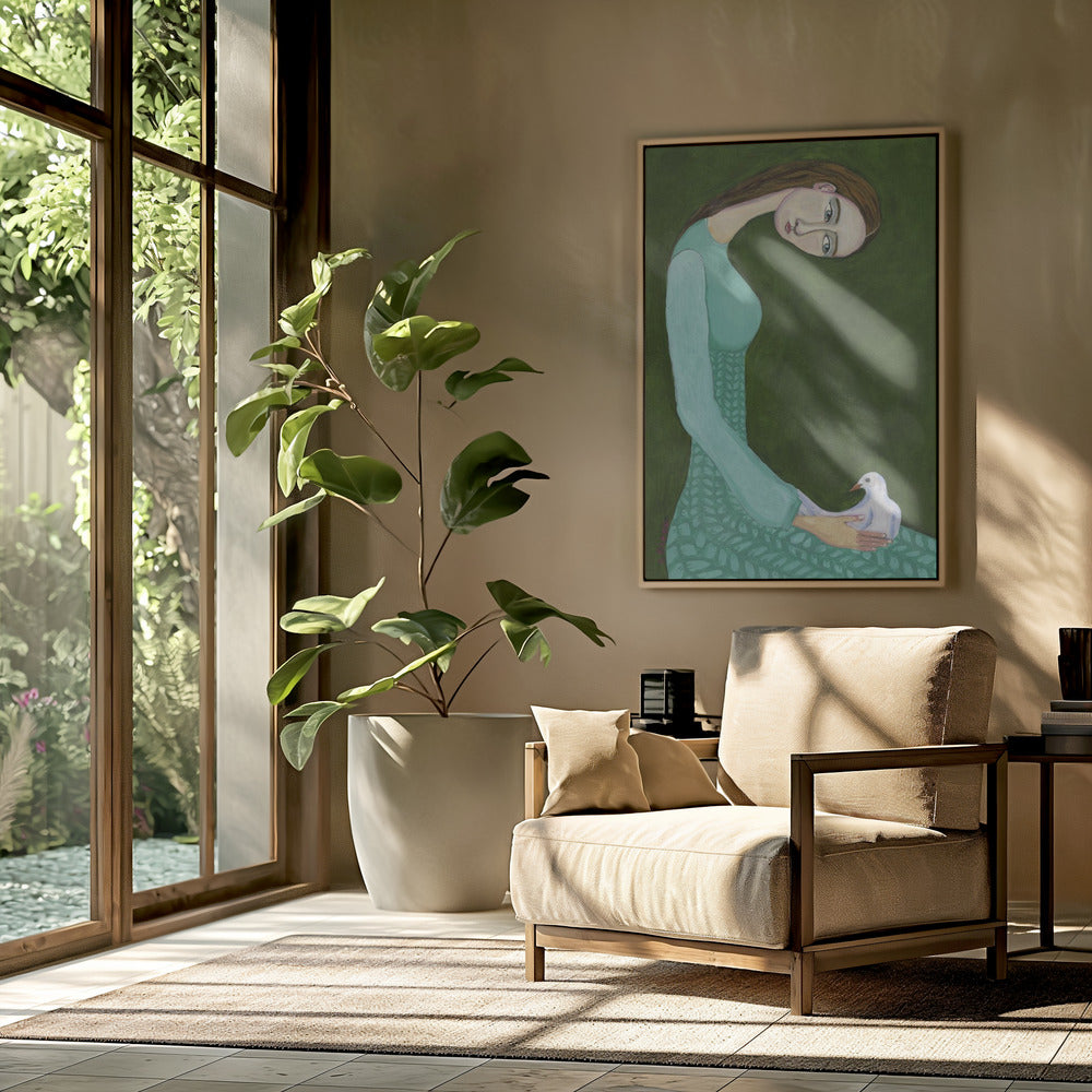 Dame zittend met witte duif | Poster