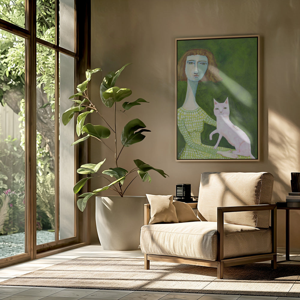 Kattenvrouw met roze kat | Poster