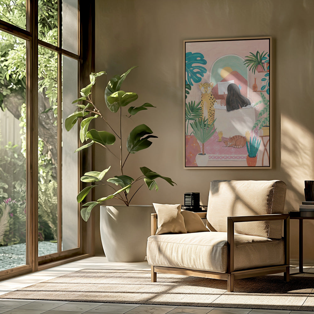 Woman taking bath in pink tropical bathroom | Poster