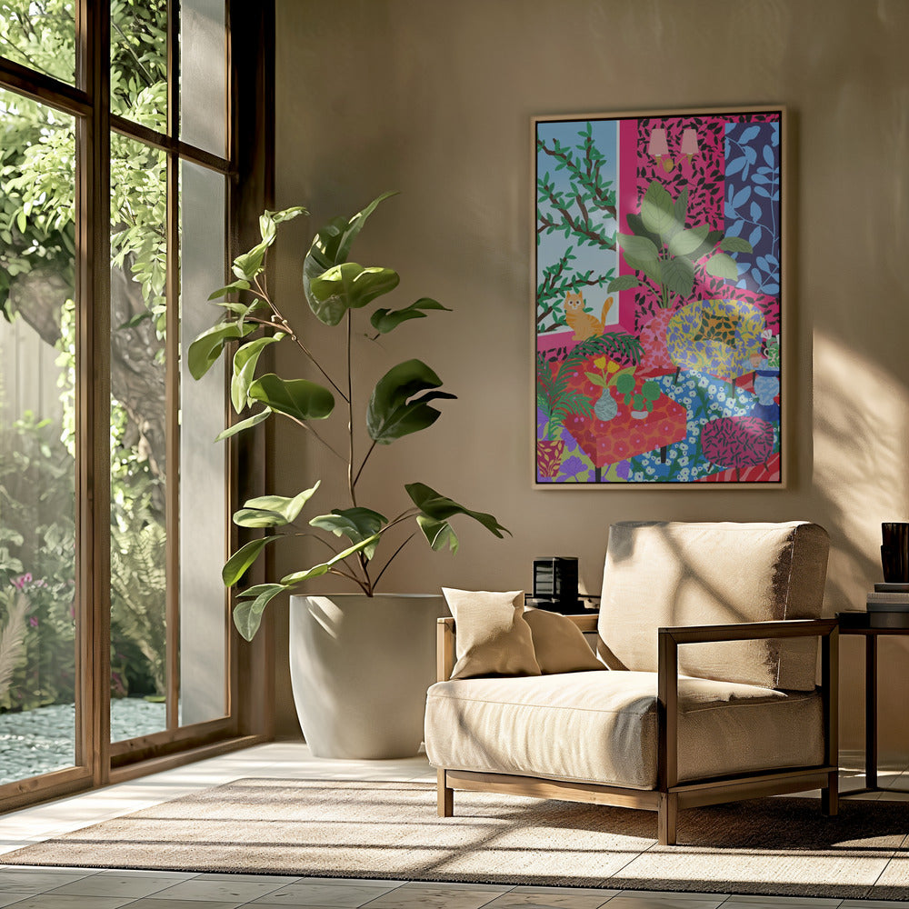 Kat in Flower Power Woonkamer | Poster