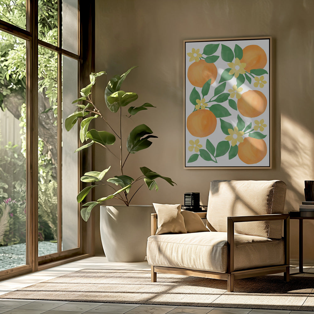 Sinaasappels met groene bladeren en delicate gele bloemen | Poster