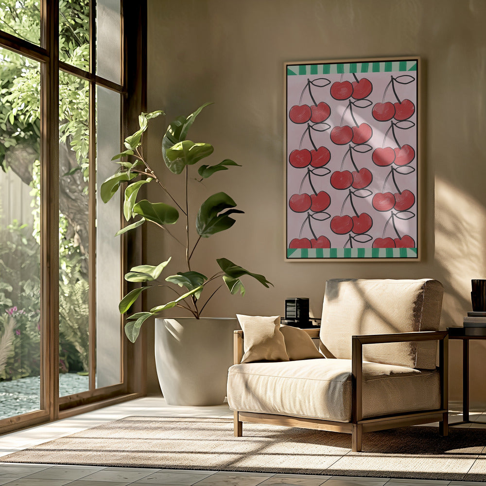 Rode kersen op een roze | Poster