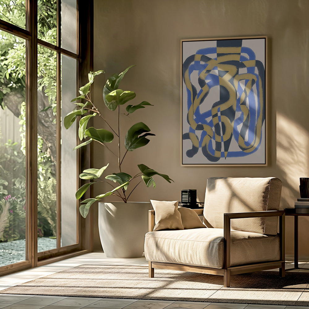 Abstracte lijn deco blauw en geel | Poster